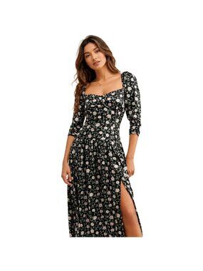ASTR The Label Floral Midi Dress Puff Sleeve Smocked Back Square Neck Size M